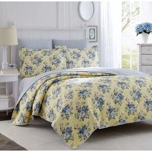 Laura Ashley LINLEY Cotton Sham Standard Set Blue Roses Yellow Cottagecore